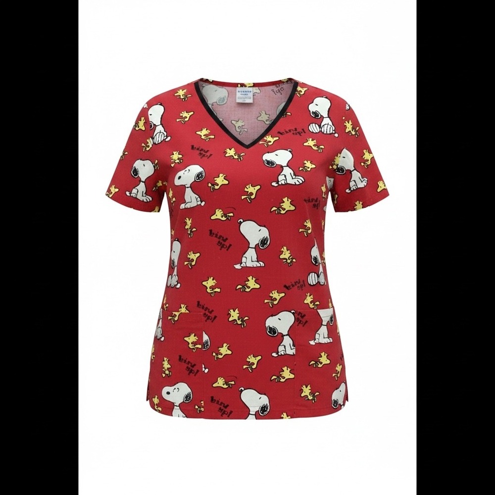 Peanuts Snoopy Woodstock Scrub Top Red V-Neck Short Sleeve Pockets Women Medium